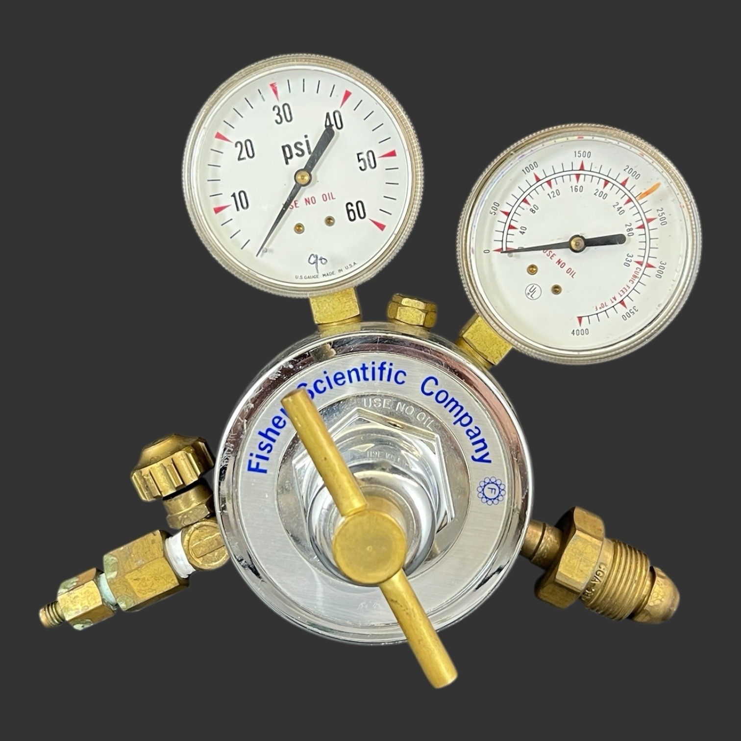 Vtg Fisher Scientific Gas Pressure Regulator BU-2581-AQ 4000 psi & 60 psi Gauge