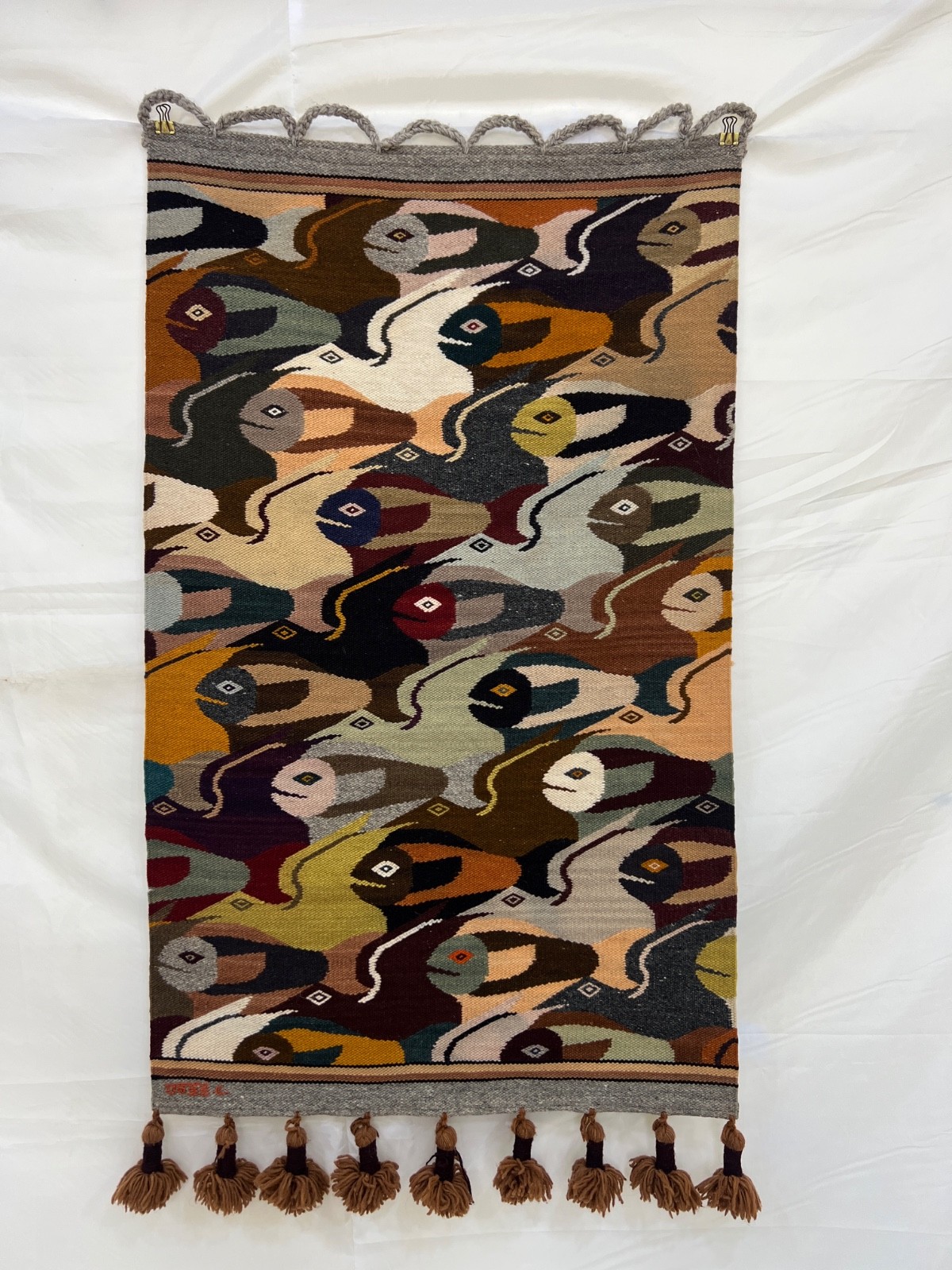 Vintage Peruvian Fish Design Woven Tapestry Andean Textile Wall Hanging