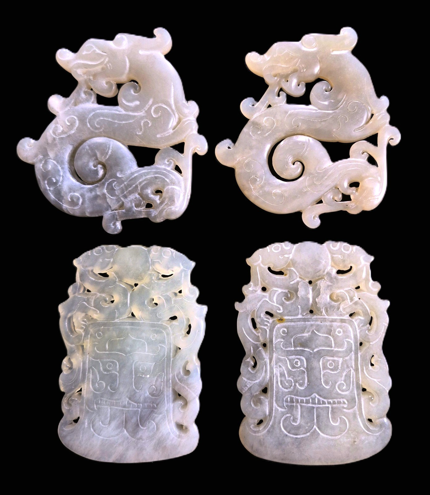 Collection of Four Chinese Carved Jade Dragon Yubi Bi Amulets Pencants Collection of Four Chinese Carved Jade Dragon Yubi Bi Amulets Pencants