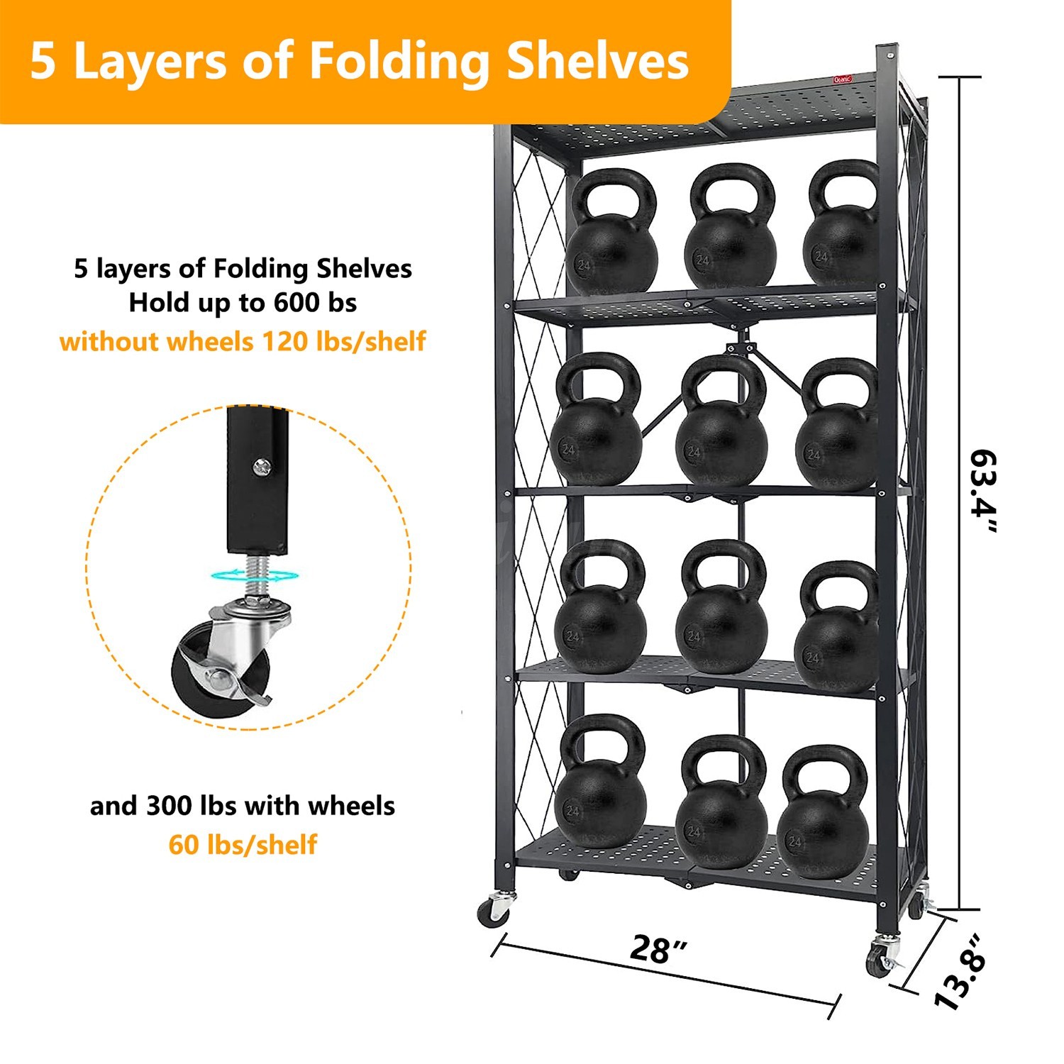 4/5-Tier Heavy-Duty Storage Rack Foldable Shelving Wheels Kitchen & Garage Metal