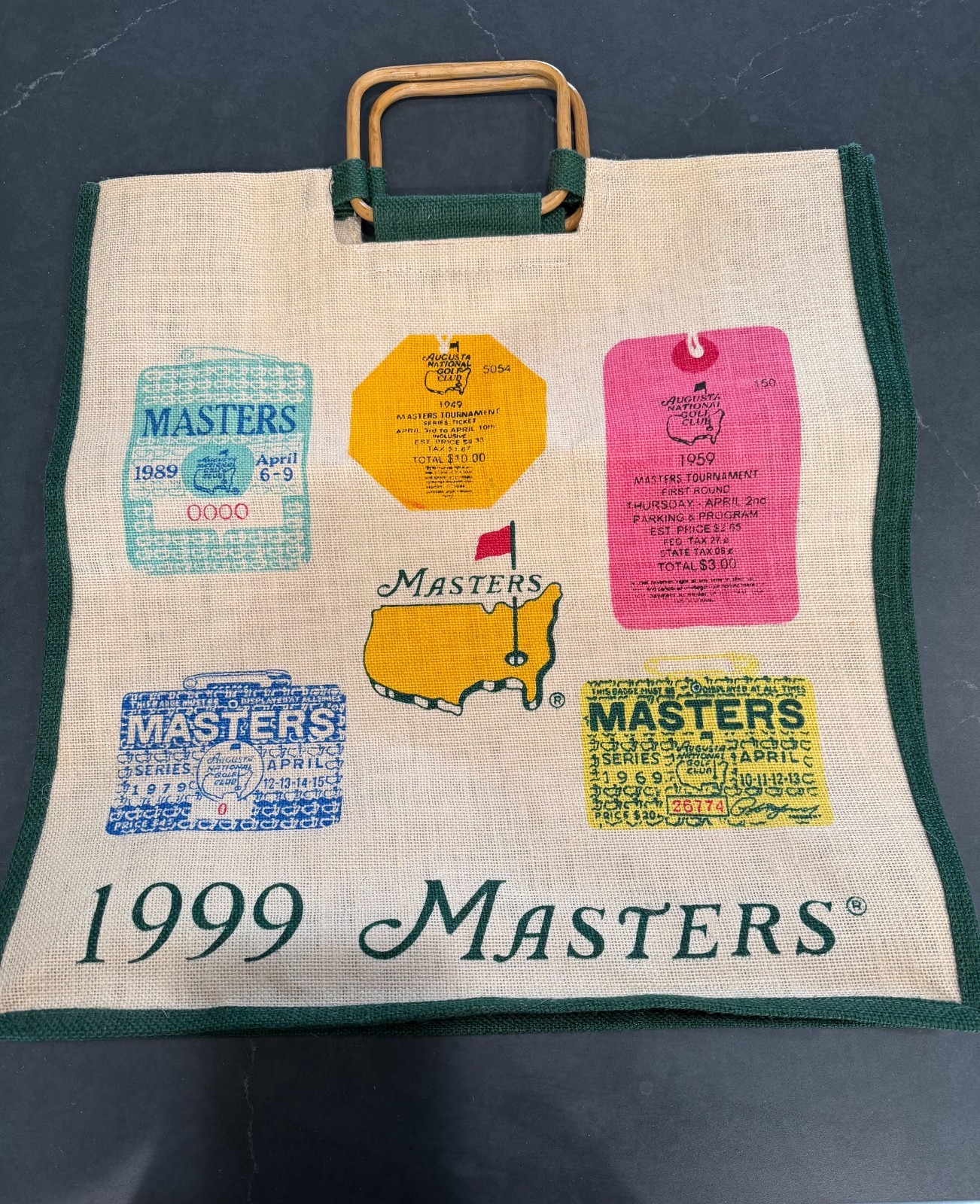 Vintage MASTERS 1999 Augusta National Tote bag w/ Bamboo Handles Vintage MASTERS 1999 Augusta National Tote bag w/ Bamboo Handles