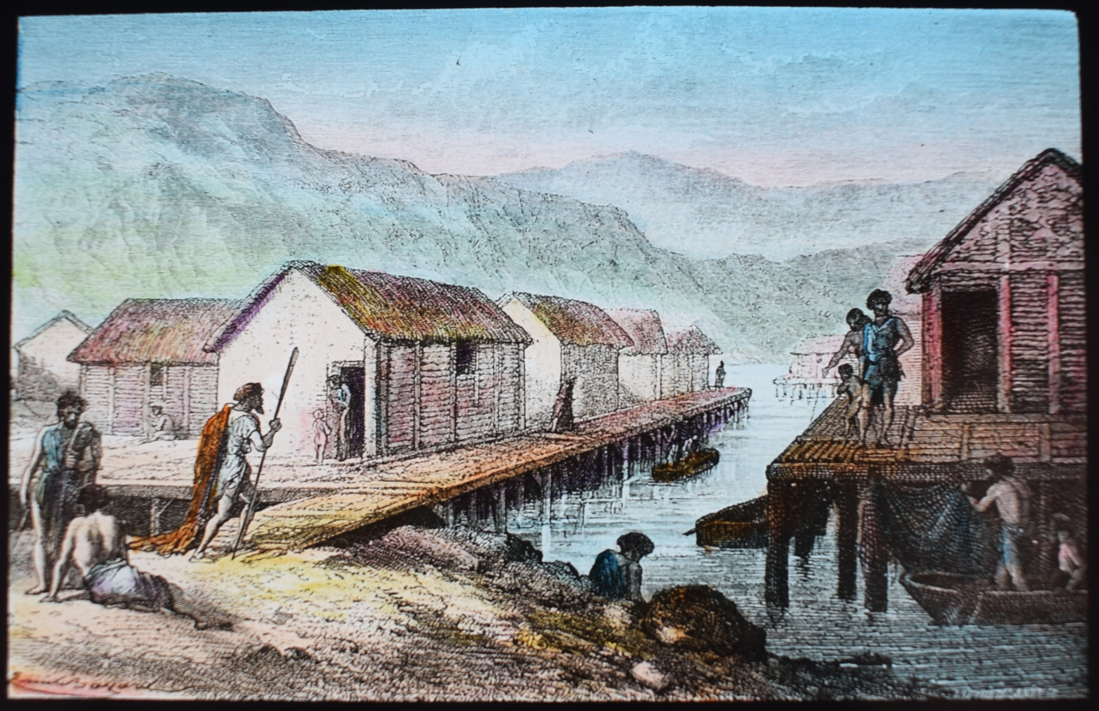 BRONZE AGE SWISS LAKE VILLAGE C1910 ANTIQUE TINTED Magic Lantern Slide