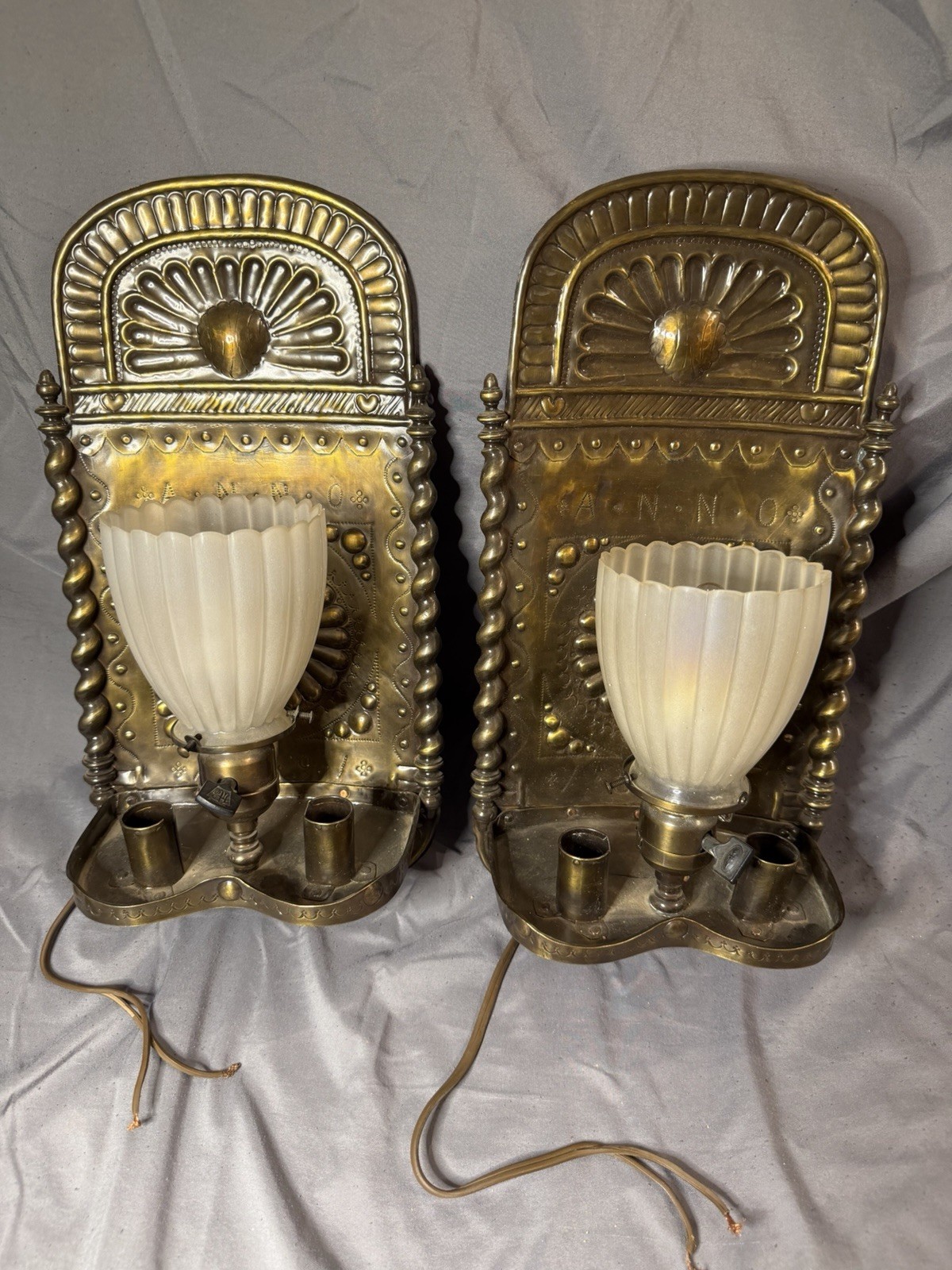 Pair Vintage Ornate Brass Wall Sconces Spanish Revival Frosted Glass Shades Pair Vintage Ornate Brass Wall Sconces Spanish Revival Frosted Glass Shades