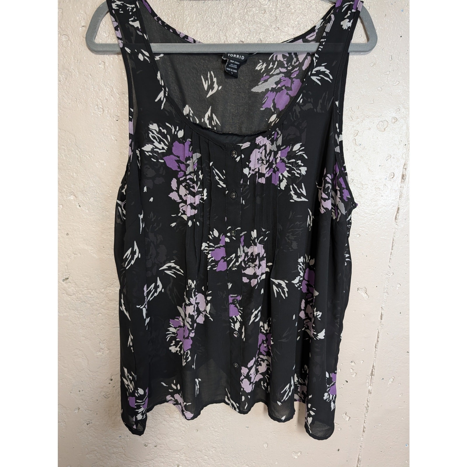 Torrid Black Purple Floral Sheer Split Back Blouse Plus