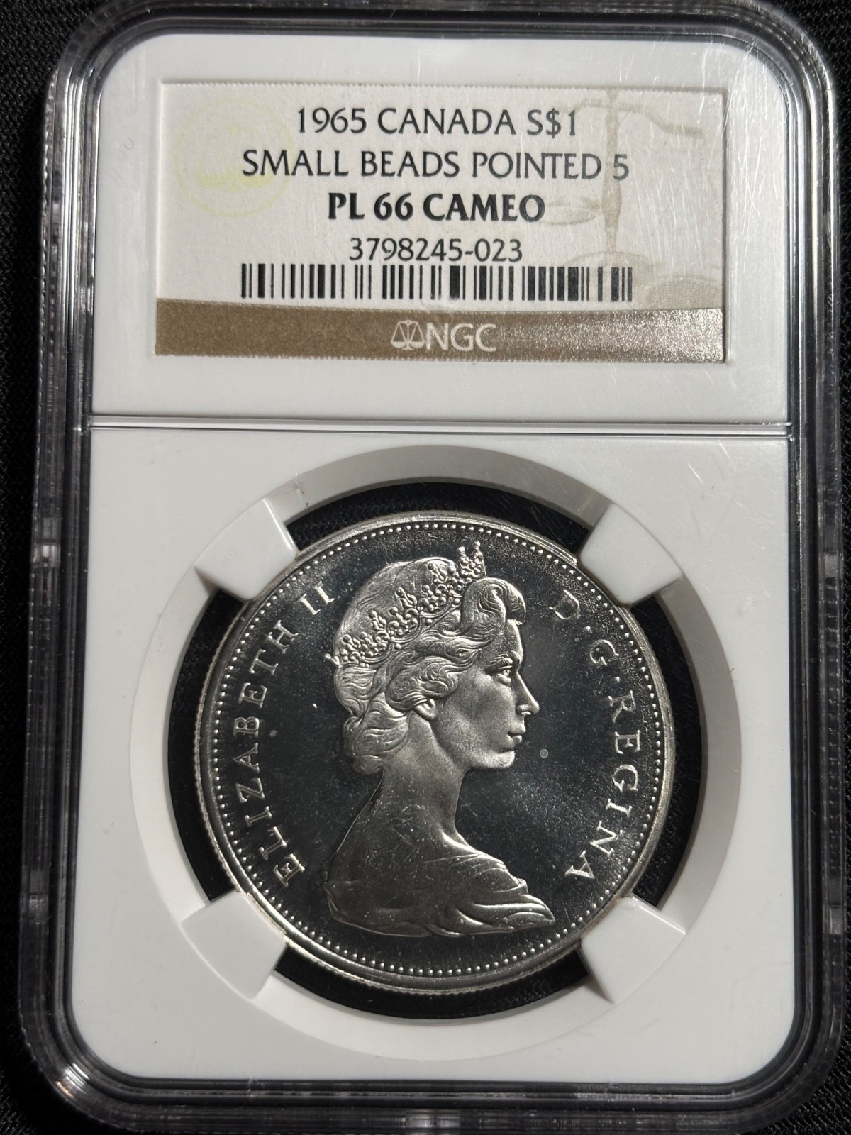 1965 Canada $1 Silver Dollar NGC PL66 CAMEO Small Beads Pointed 5 Silver