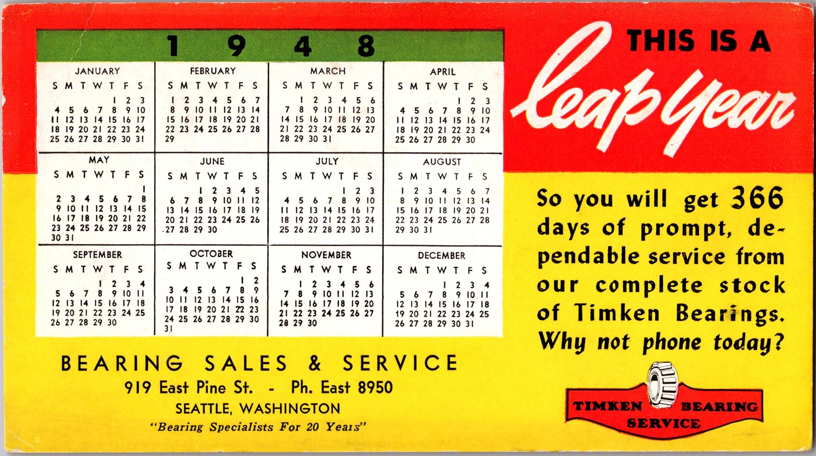 Vintage 1948 Timken Bearings Leap Year Calendar Ink Blotter Seattle WA