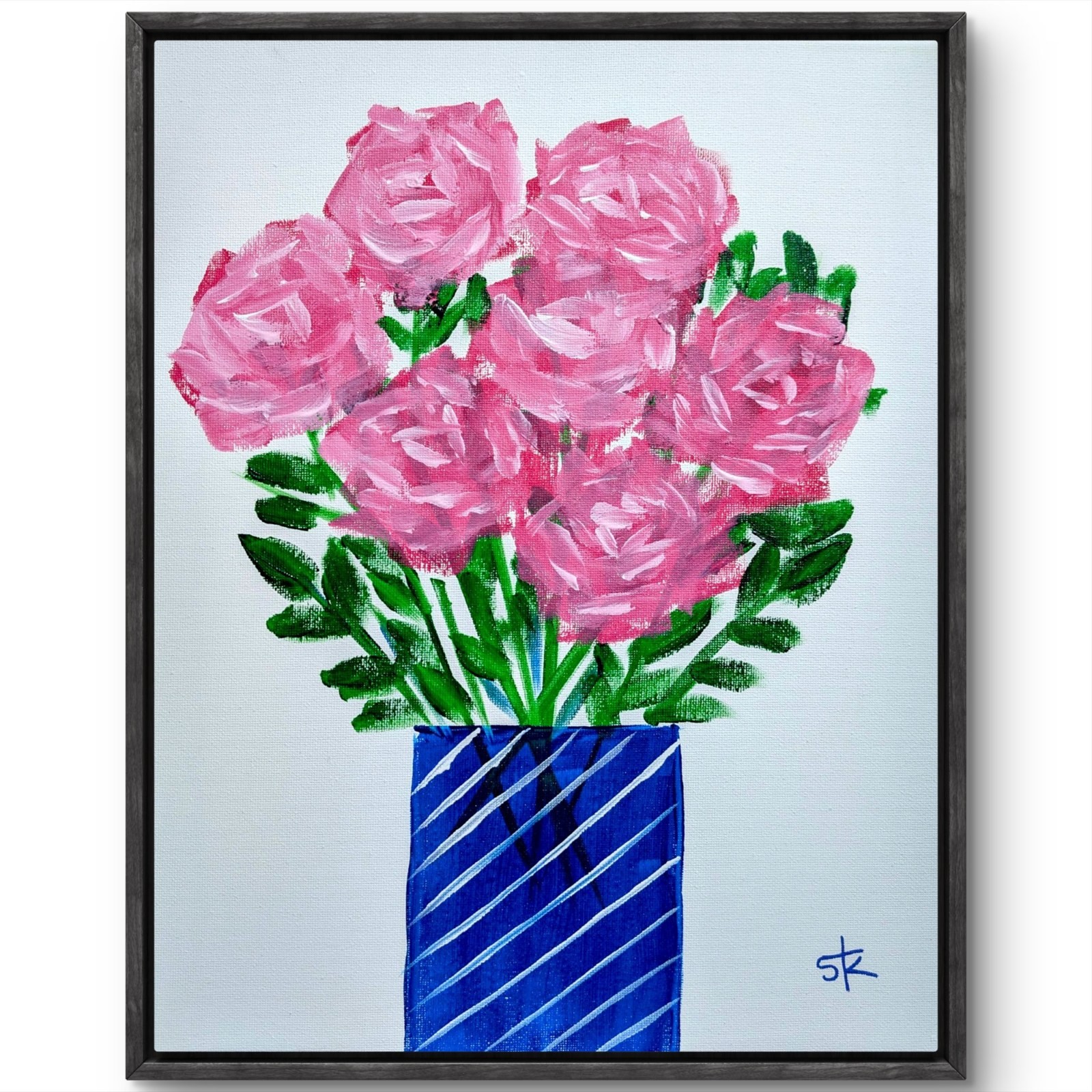 Original Acrylic 14x11 Impressionist Pink Roses Blue Vase Painting Signed Canvas