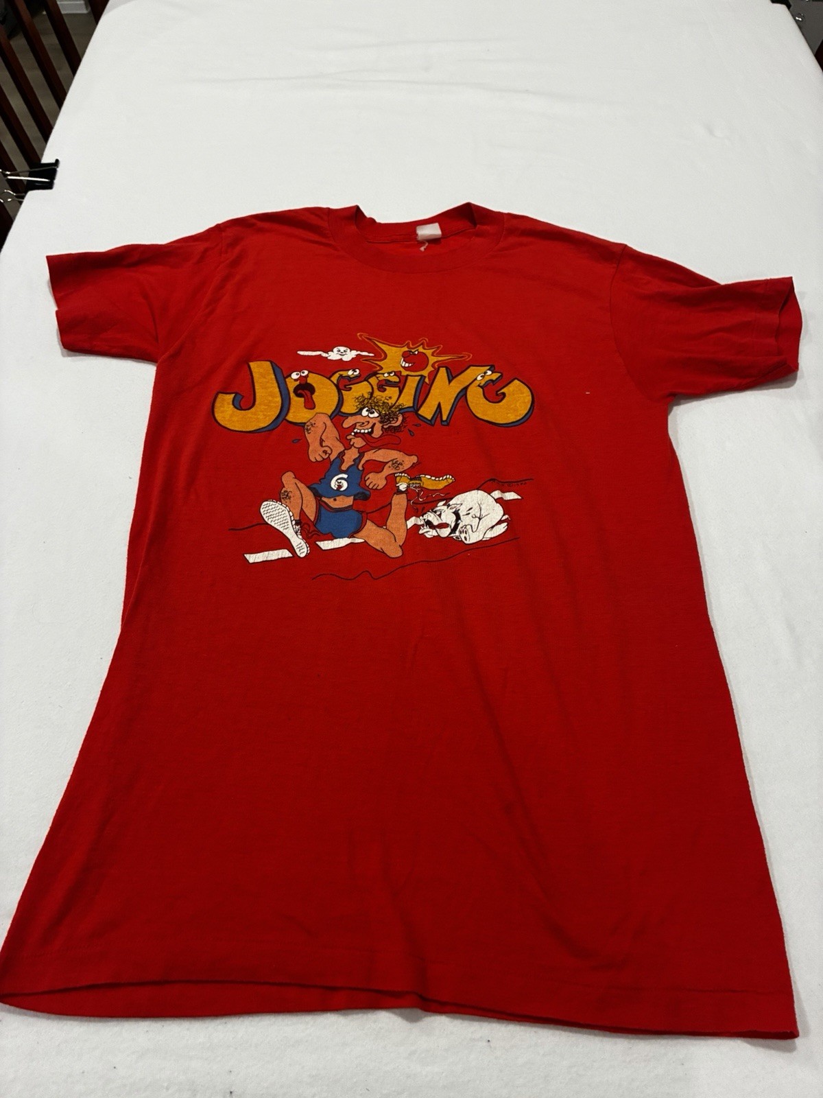 Vintage 1982 Joe King Graphic T-Shirt Red Cartoon Print Short Sleeve Retro Tee Vintage 1982 Joe King Graphic T-Shirt Red Cartoon Print Short Sleeve Retro Tee