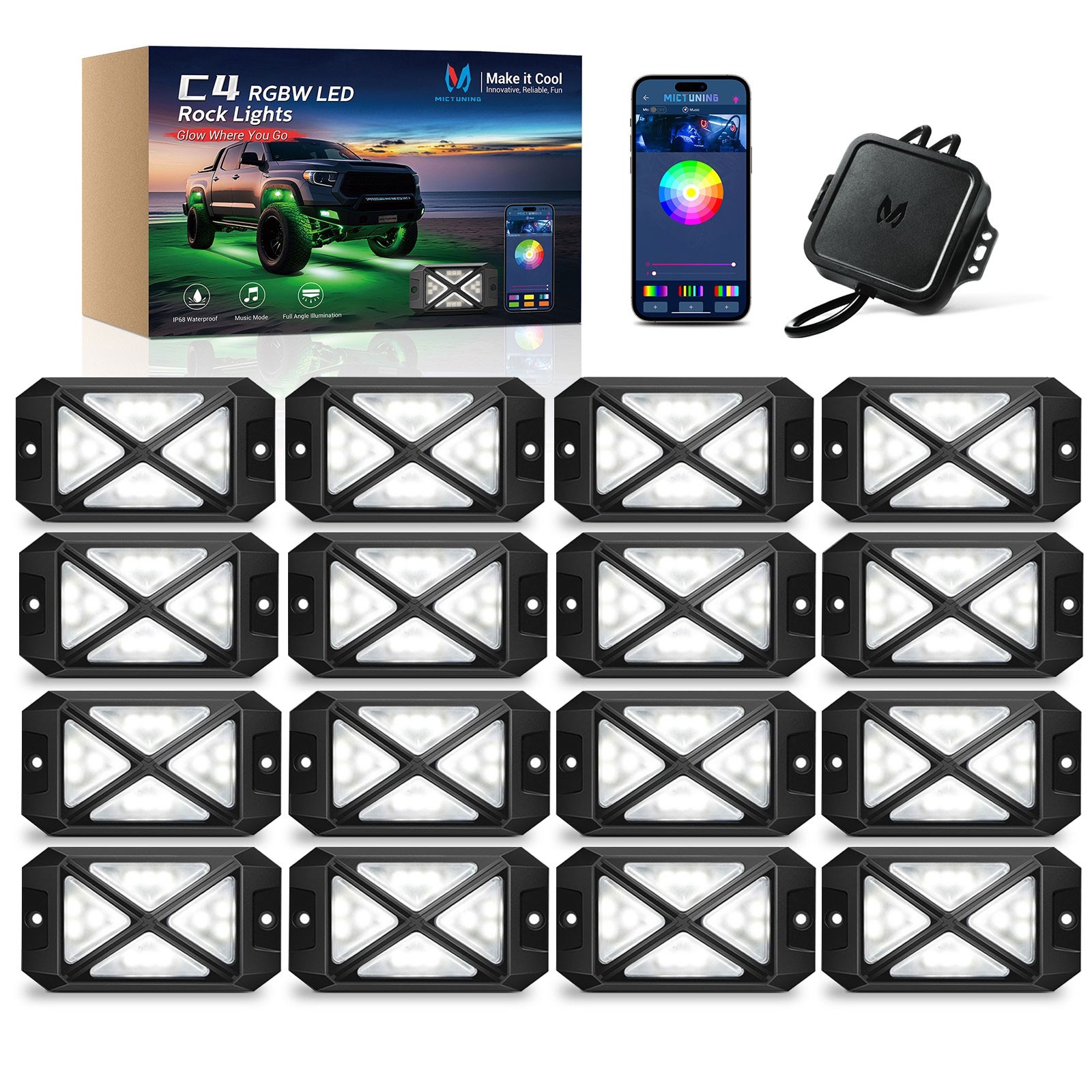 MICTUNING C4 16 Pods RGBW LED Rock Lights App Control Underglow Neon Accent Kits MICTUNING C4 16 Pods RGBW LED Rock Lights App Control Underglow Neon Accent Kits