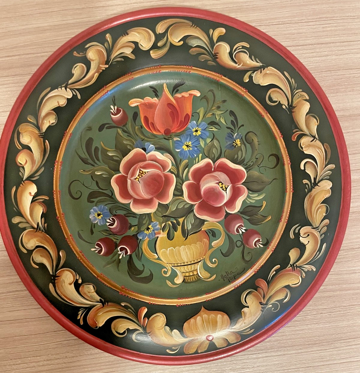 SIGNED Vintage Norwegian Rosemaling Hand-Painted Wood Plate Nordic Folk Art 12 SIGNED Vintage Norwegian Rosemaling Hand-Painted Wood Plate Nordic Folk Art 12
