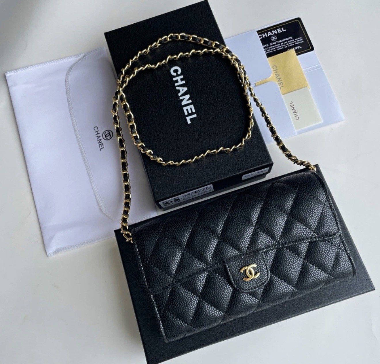CHANEL Black Quilted WOC Crossbody Gold Hardware Chain Strap Snap w/Box
