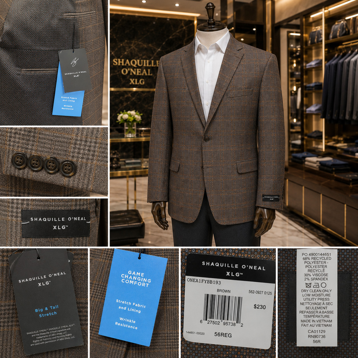 Shaquille O\'Neal XLG 50 54 56 R Brown Plaid Sport Coat Blazer Big & Tall Stretch