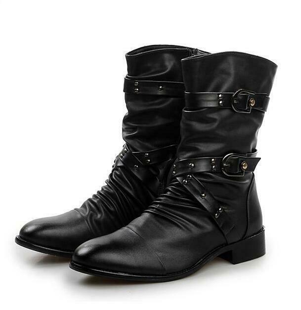 Men Zipper Buckle Belt Ankle Boots Military Pointed Gothic Rock Shoes