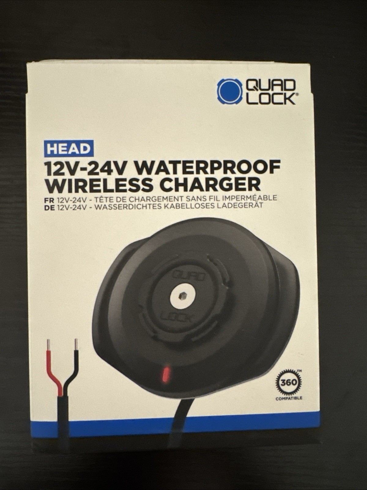 Quad Lock 12V-24V Waterproof Wireless Charger Head Black Moto Cycle Open Box Quad Lock 12V-24V Waterproof Wireless Charger Head Black Moto Cycle Open Box