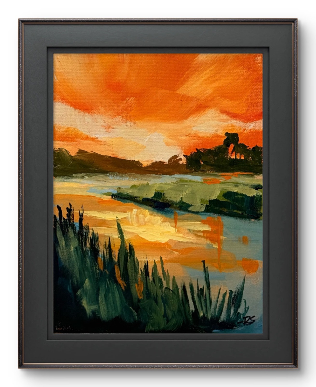 R Stevens Original 9x12 Expressionist Orange Sunset Marsh Landscape Painting
