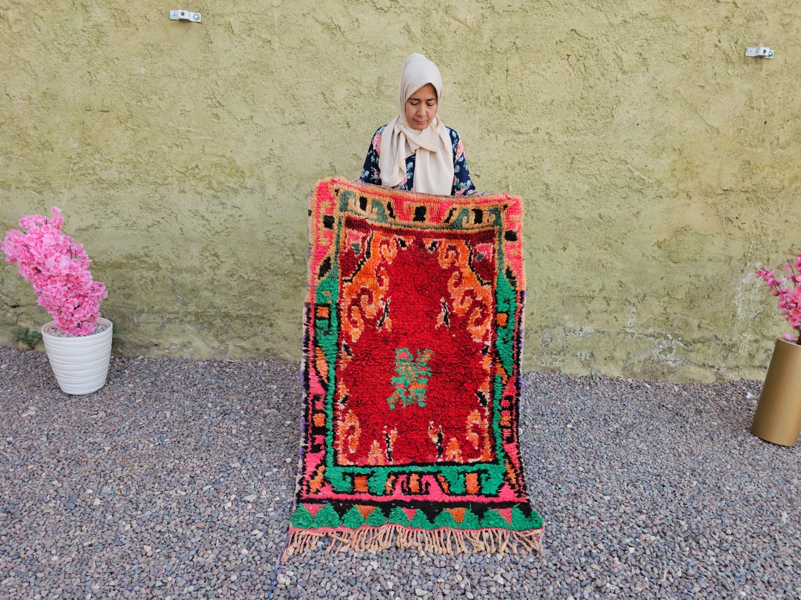 Moroccan Berber Rug Vintage Red Green Small 5x3 ft Handmade Wool Tribal