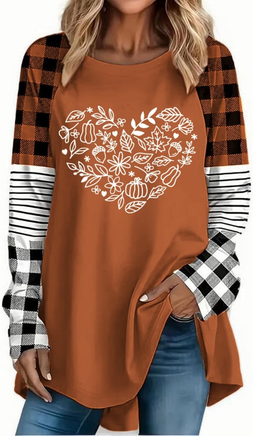 Women\'s Brown Plaid Raglan Long Sleeve Fall Halloween Women\'s Striped Raglan