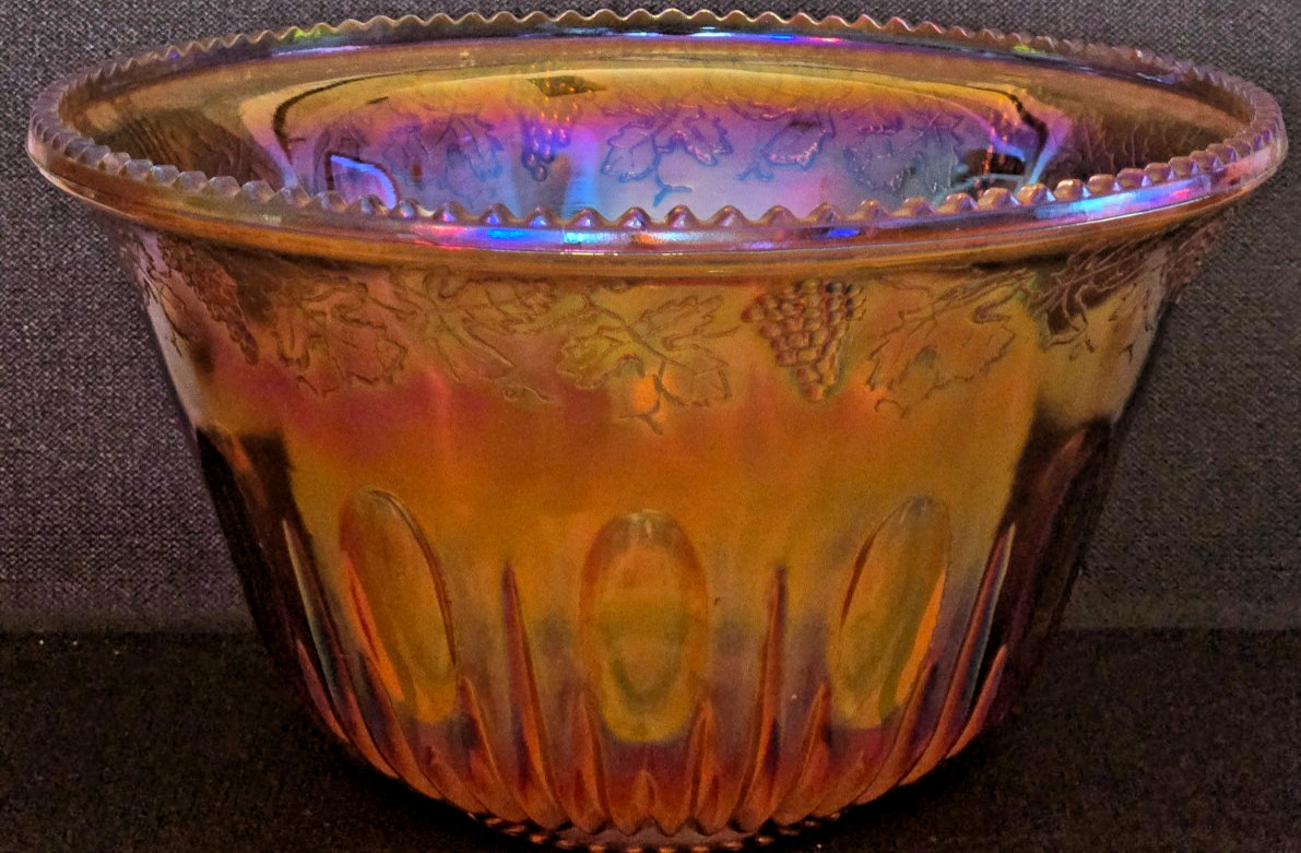 Indiana Iridescent Gold Carnival Glass Princess Grape & Leaf Punch Bowl