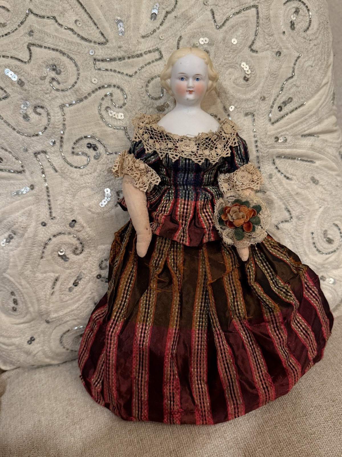 Antique C 1870 11.5” Blonde Parian Doll Original Fabulous Dress