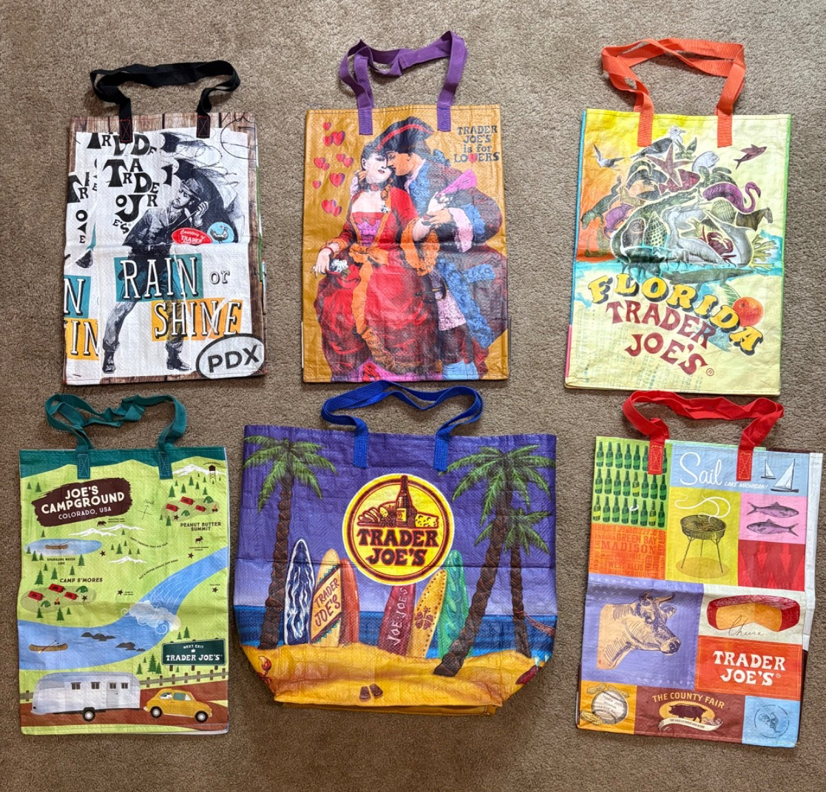 Lot of 6 TRADER JOE’S BAGS TOTE BAGS USA TRAVEL Vintage Plastic Lot of 6 TRADER JOE’S BAGS TOTE BAGS USA TRAVEL Vintage Plastic