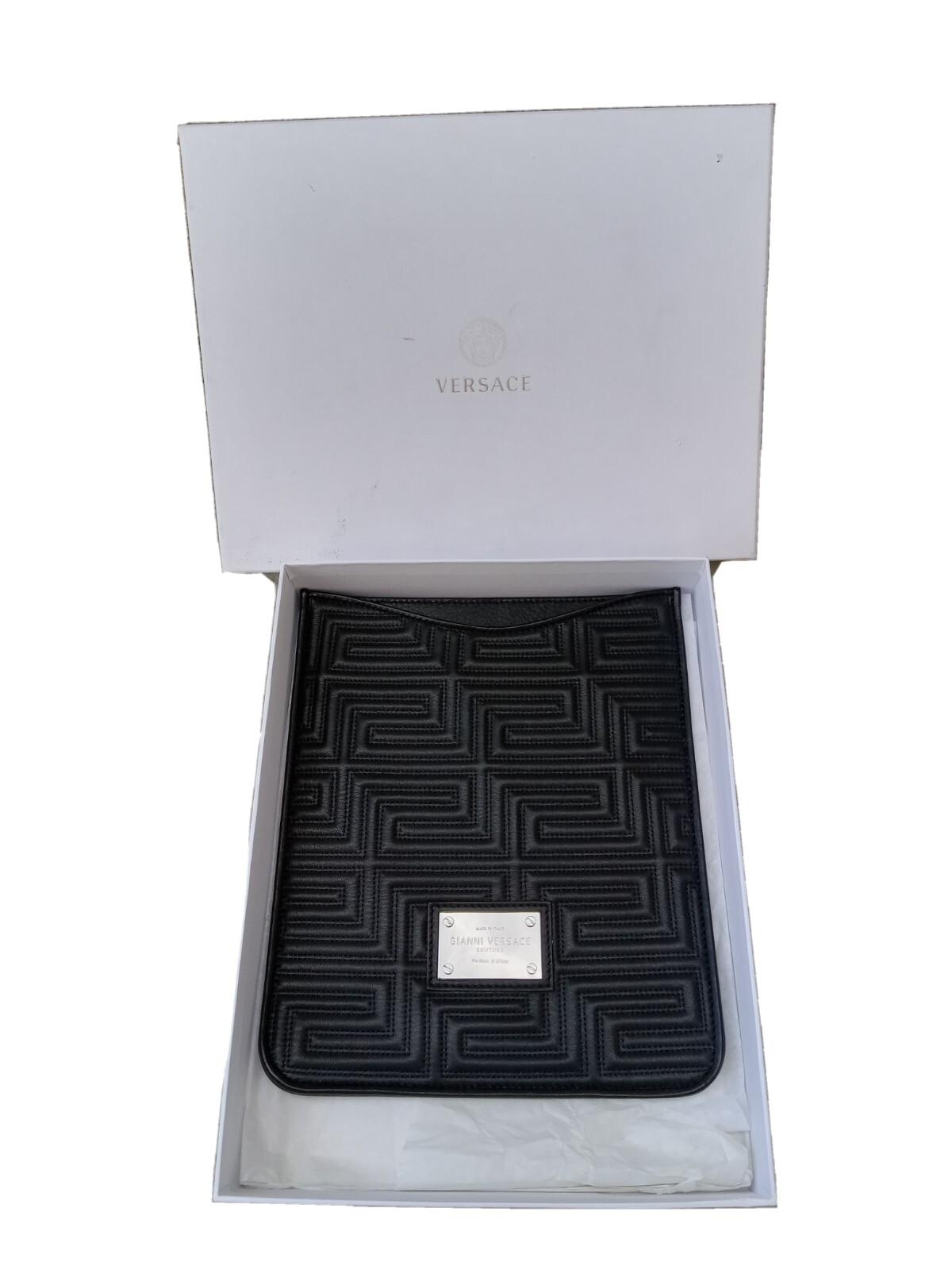 VERSACE 8 X 10 BLACK LEATHER IPAD CASE PORTA IPAD VITELLO TRAPUNTATO SIZE UNICA