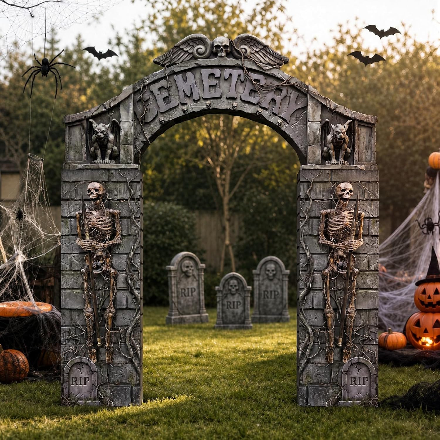 7 Pcs Halloween Cemetery Archway Tombstones Skeleton Set Cemetery