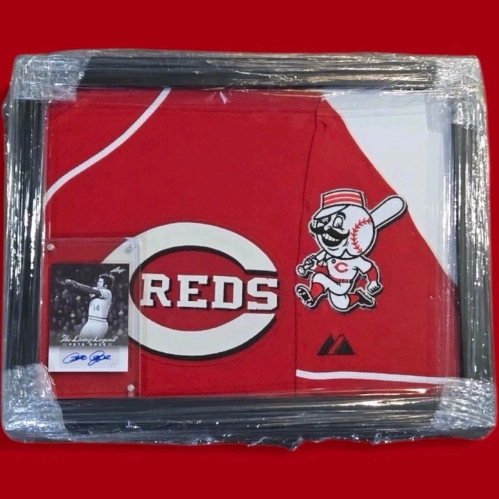 Custom Framed Cincinnati Reds Authentic Jersey + Autographed Pete Rose Card