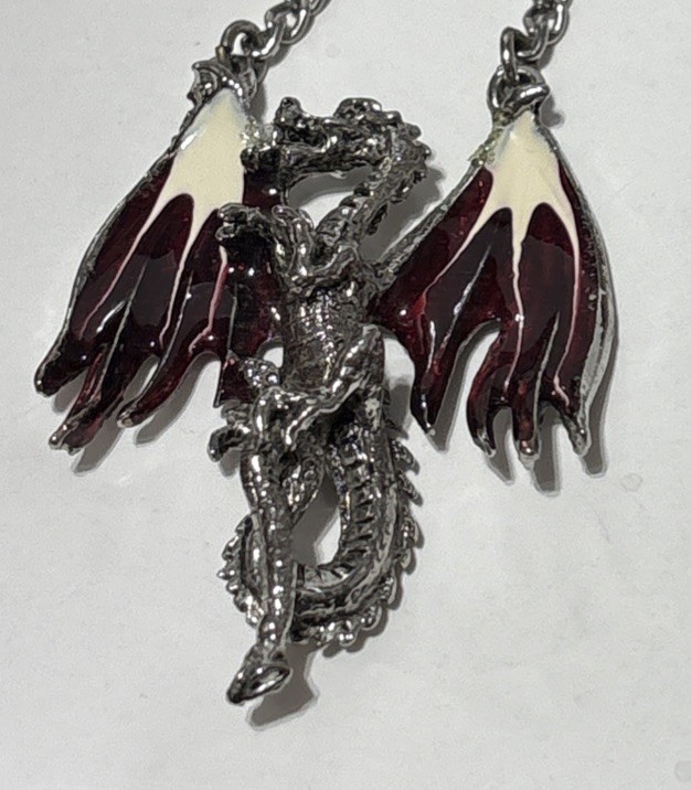 Vintage JPI 2000 Pewter Dragon Pendant w/ White And Red Wings Vintage JPI 2000 Pewter Dragon Pendant w/ White And Red Wings