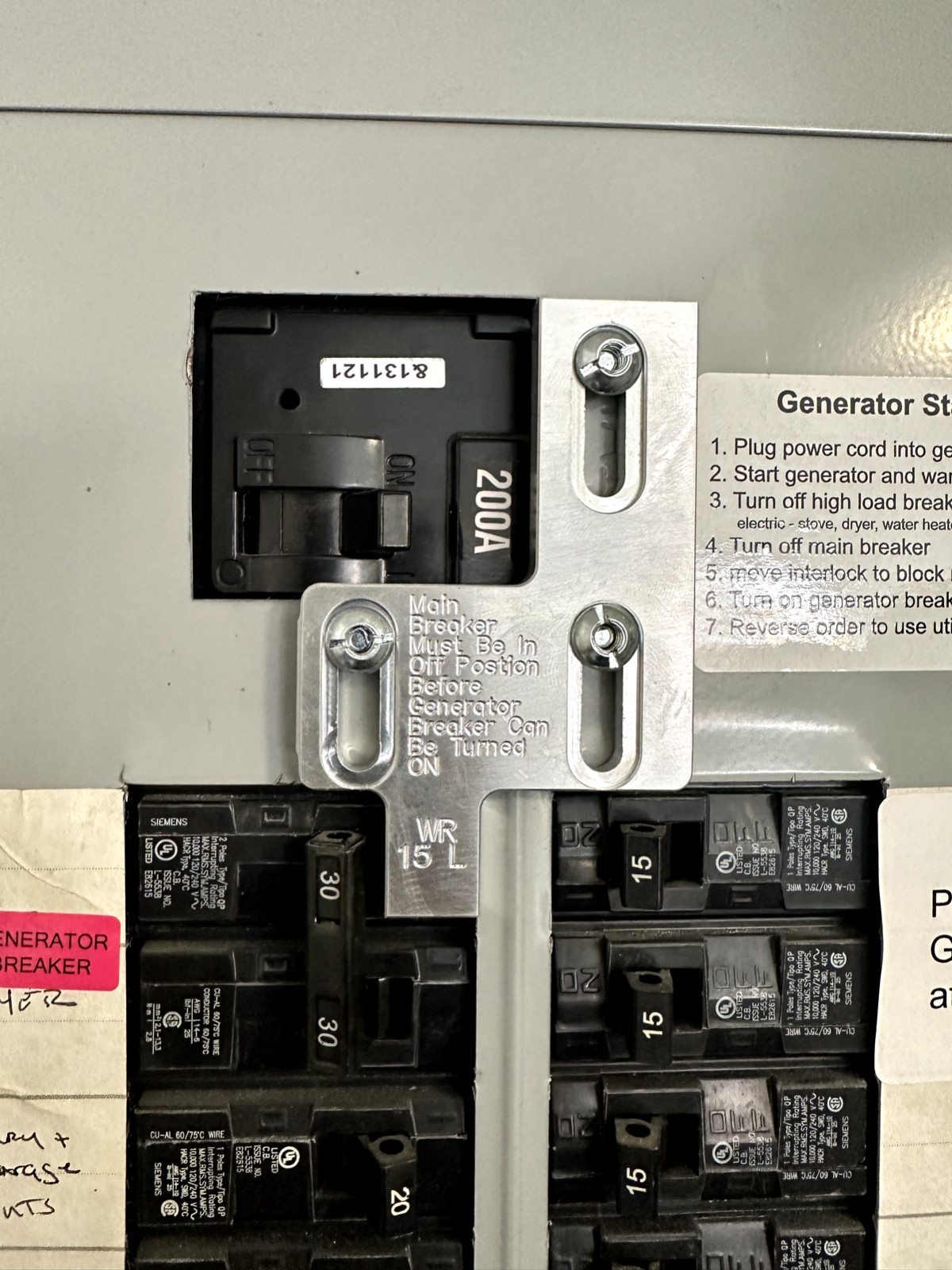 Generator Interlock Kit , Siemens 200 Amp Left generator breaker Generator Interlock Kit , Siemens 200 Amp Left generator breaker