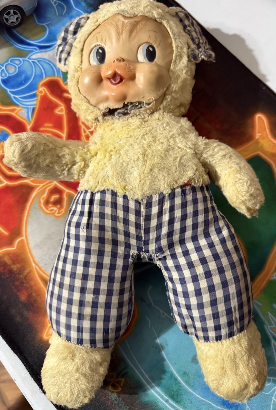 Vintage 1950s 60s Rubber Face Plush Doll Gingham Stuffed Toy AS IS Neck Damage Vintage 1950s 60s Rubber Face Plush Doll Gingham Stuffed Toy AS IS Neck Damage