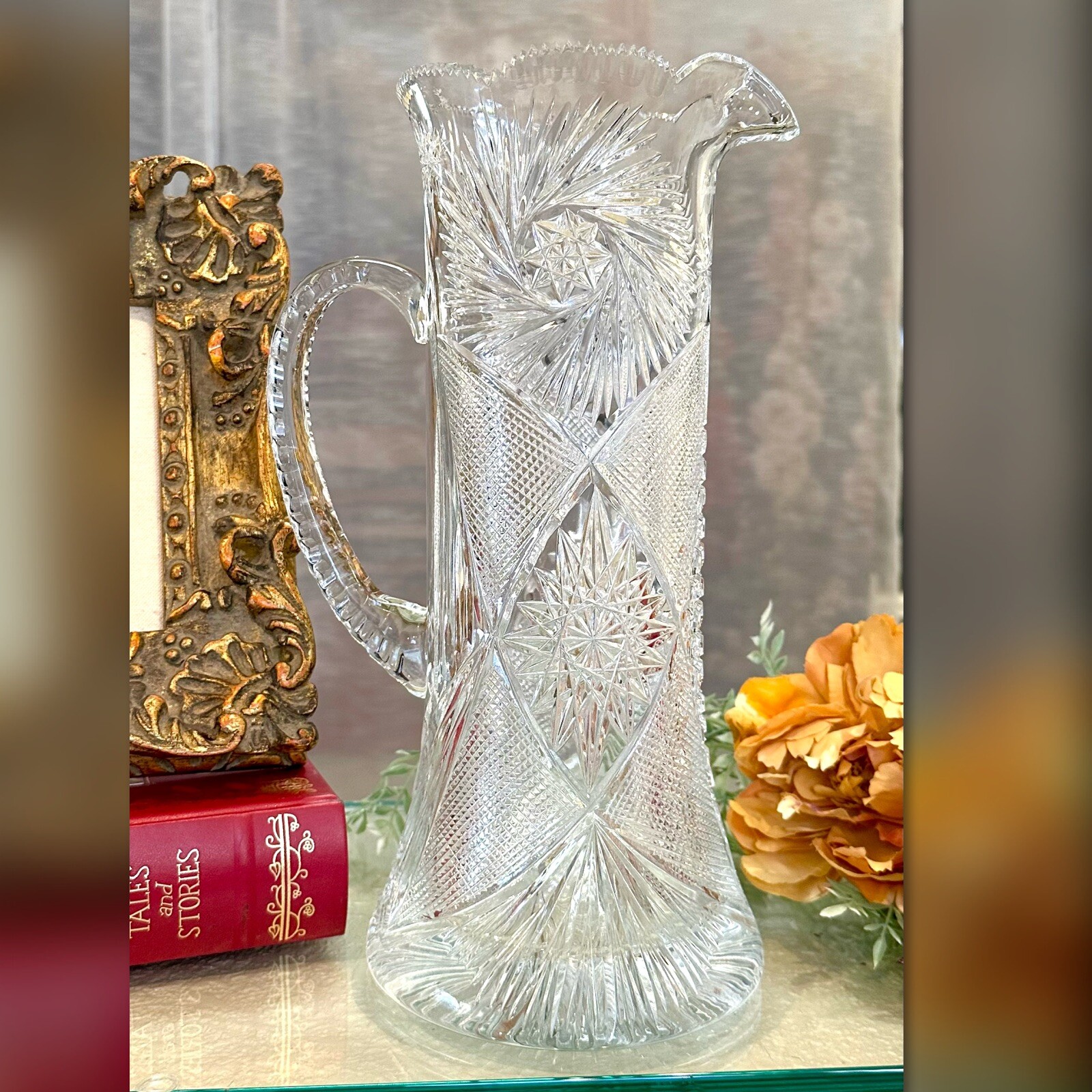 Yasemin Cut Crystal Champagne Pitcher Signed Turkish Art Glass Vase