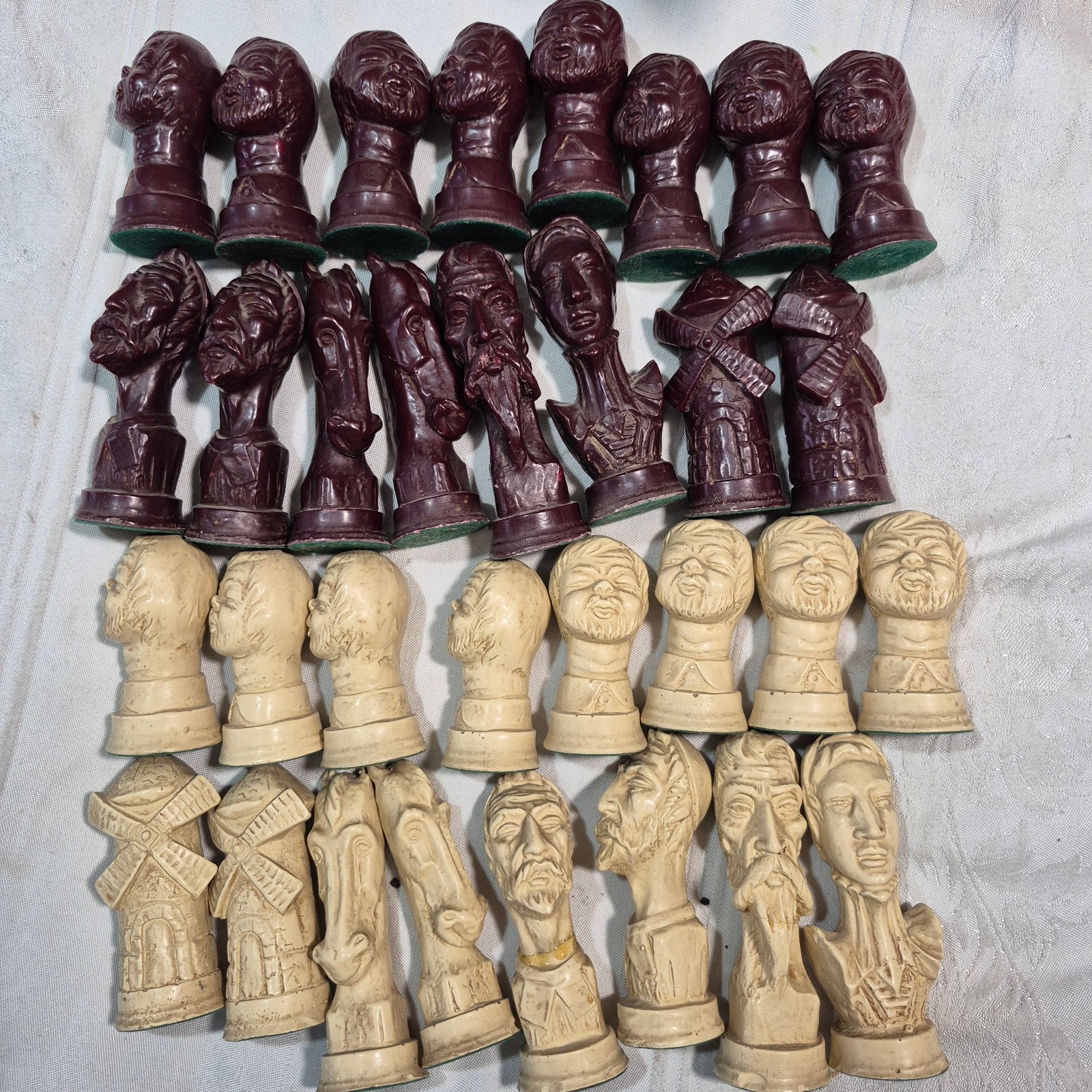 Vtg Don Quixote Figural Chessmen Set 32 Pieces Brown Cream Windmill -3 damaged Vtg Don Quixote Figural Chessmen Set 32 Pieces Brown Cream Windmill -3 damaged