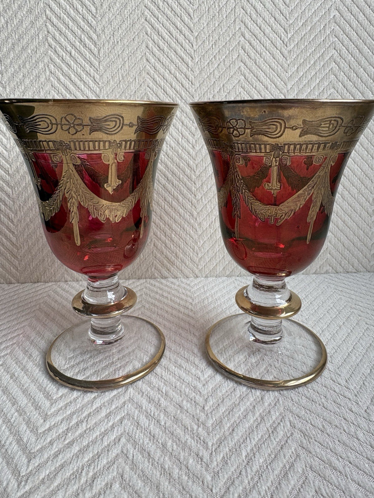 Vintage Luxury Interglass Italy Ruby Red Crystal Wine Goblet Hand Blown 24K Gold
