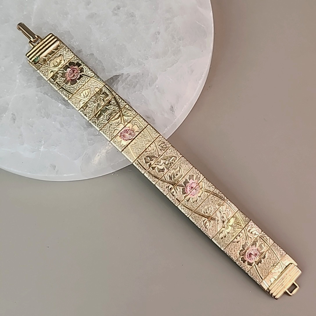 Vintage Mesh Bracelet Etched Panels Pink Flowers Gold Tone 6.5 Vintage Mesh Bracelet Etched Panels Pink Flowers Gold Tone 6.5