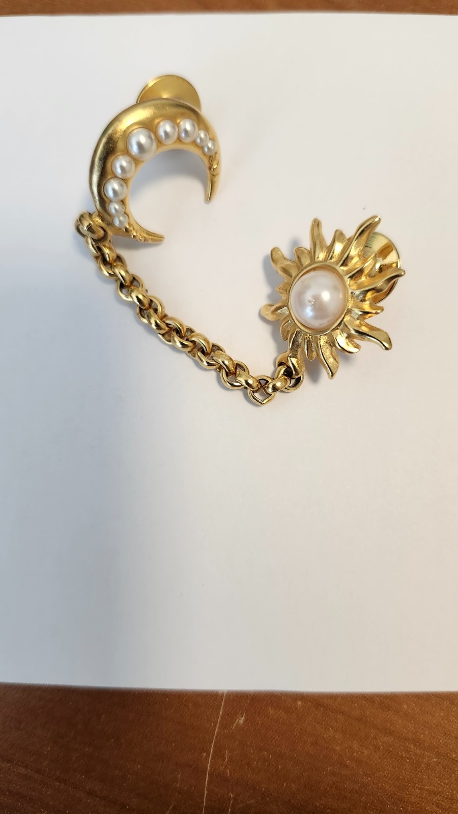 Vintage Karl Lagerfeld Signed Celestial Brooch Set Sun Moon Pearl Gold Pin Vintage Karl Lagerfeld Signed Celestial Brooch Set Sun Moon Pearl Gold Pin