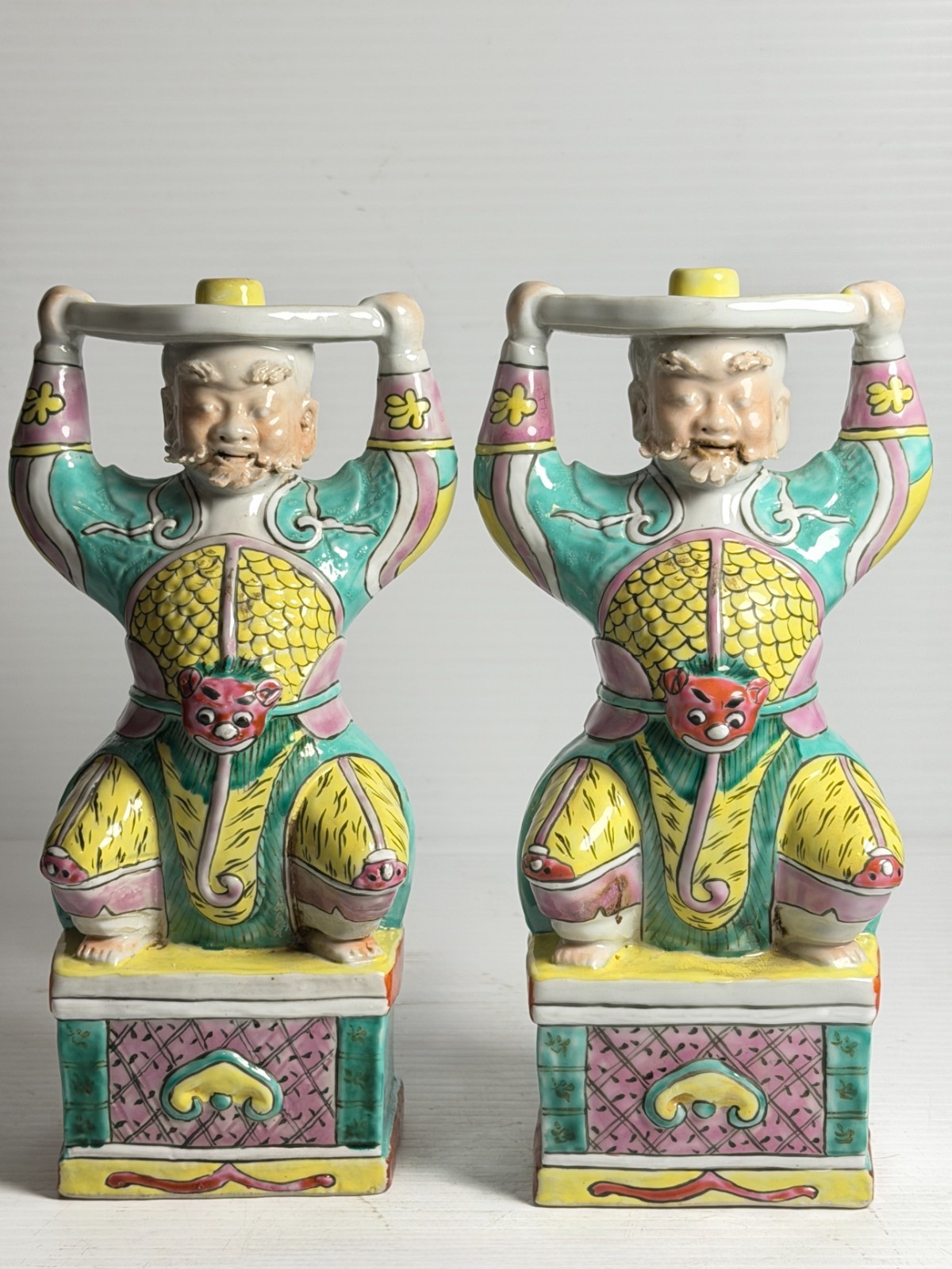 A Pair Antique Chinese Export Qing Famille Rose Porcelain WarriorForm Candlestic A Pair Antique Chinese Export Qing Famille Rose Porcelain WarriorForm Candlestic