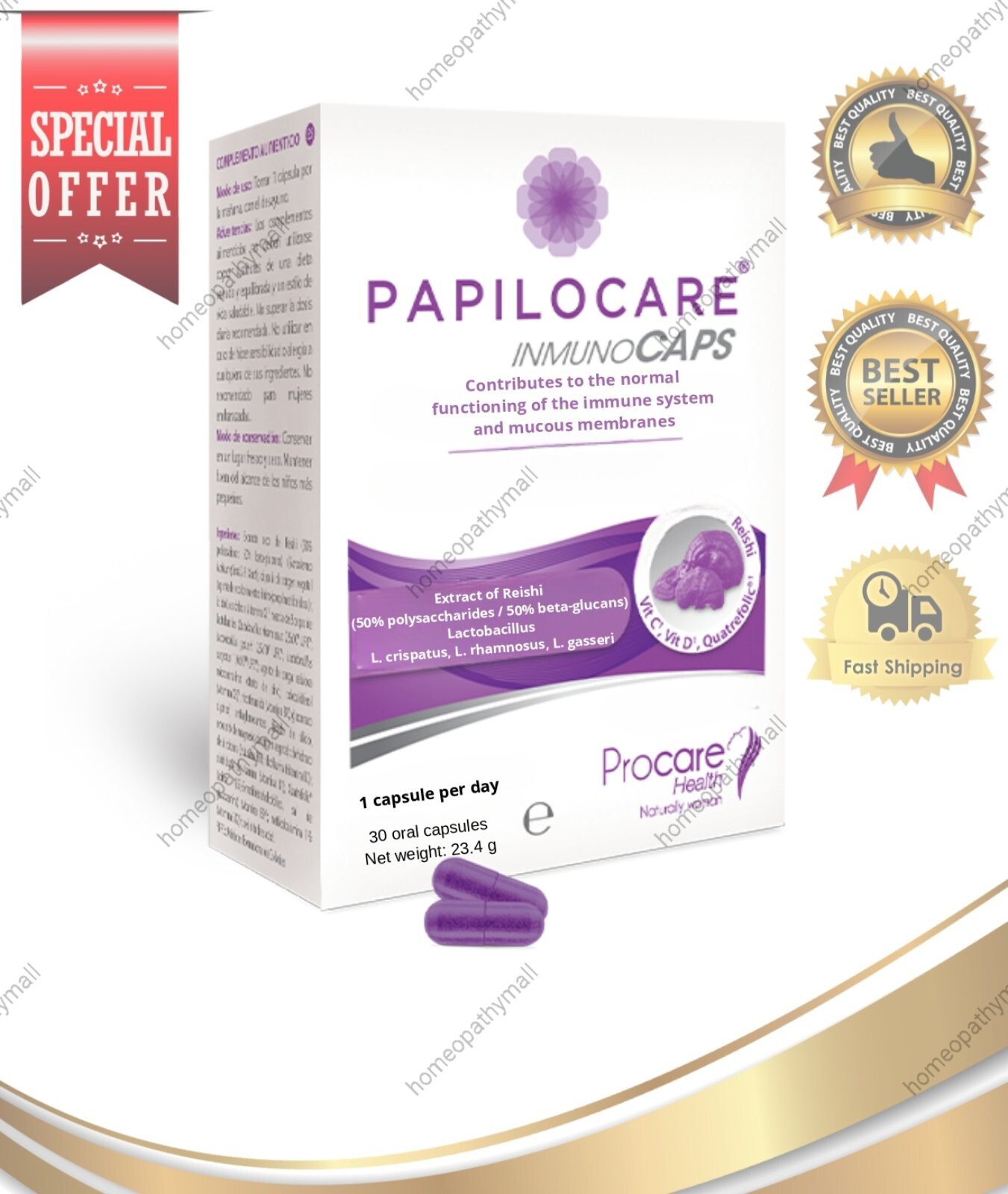 Papilocare Immunocaps 30 Capsules Reishi Probiotics Vitamins & Minerals