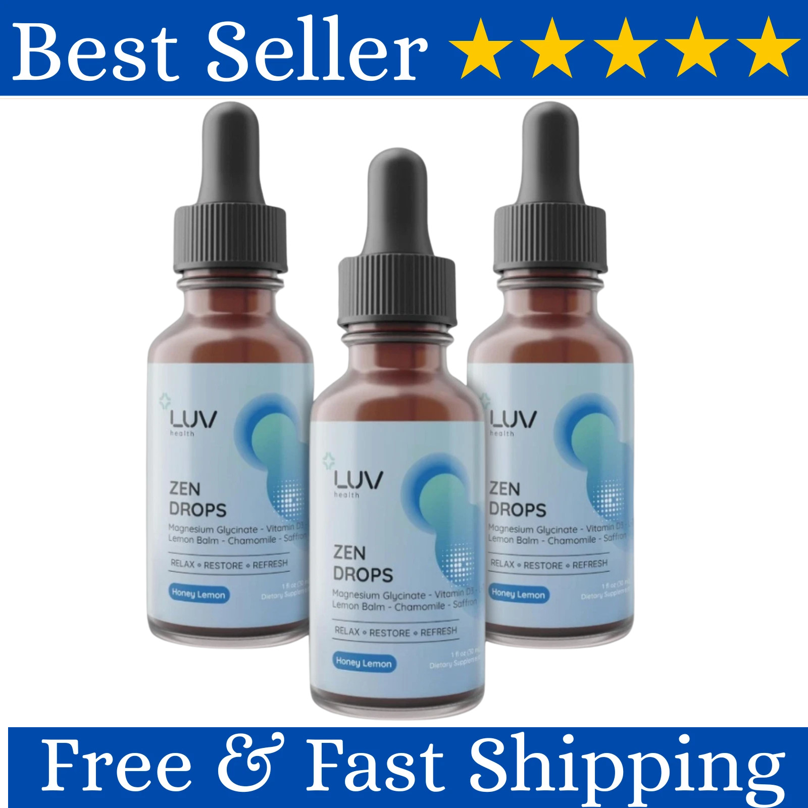 LUV Drops Wellness Zen Calm Relaxation Support w Magnesium Glycinate 3 Pack USA.