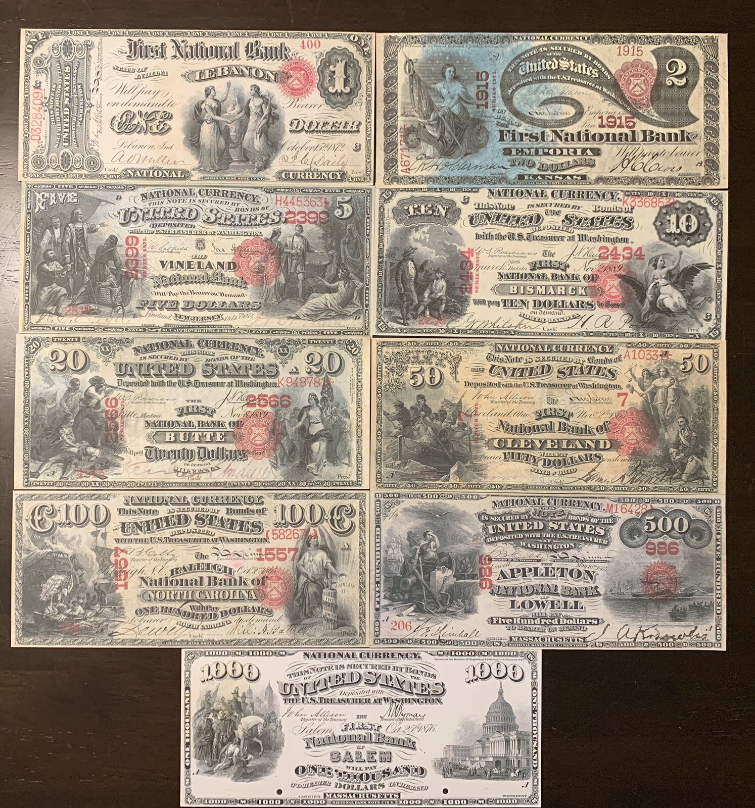 Reproduction Set 1875 Series National Banknotes $1-$1000 Read Full Description
