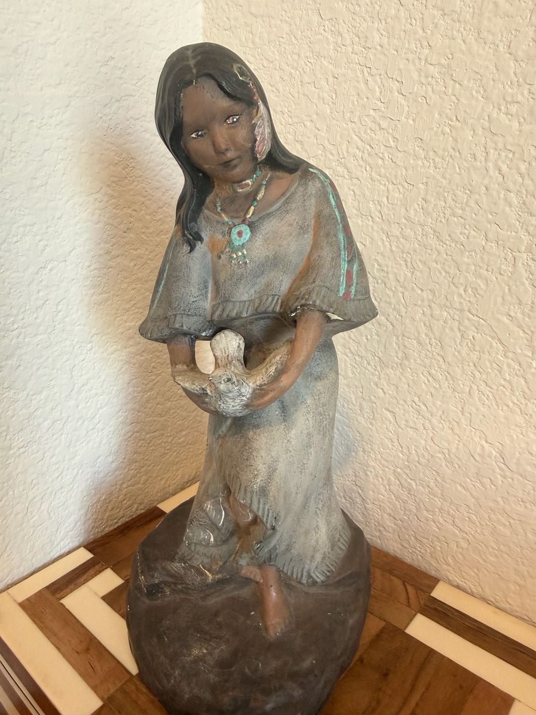 Vintage Native American Woman Holding Dove Ceramic Statue Figurine Vintage Native American Woman Holding Dove Ceramic Statue Figurine