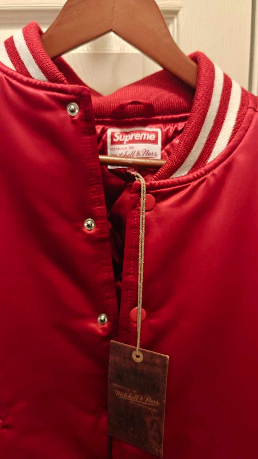 Supreme Men\'s Medium Red/White Satin Varsity Jacket Supreme Men\'s Medium Red/White Satin Varsity Jacket