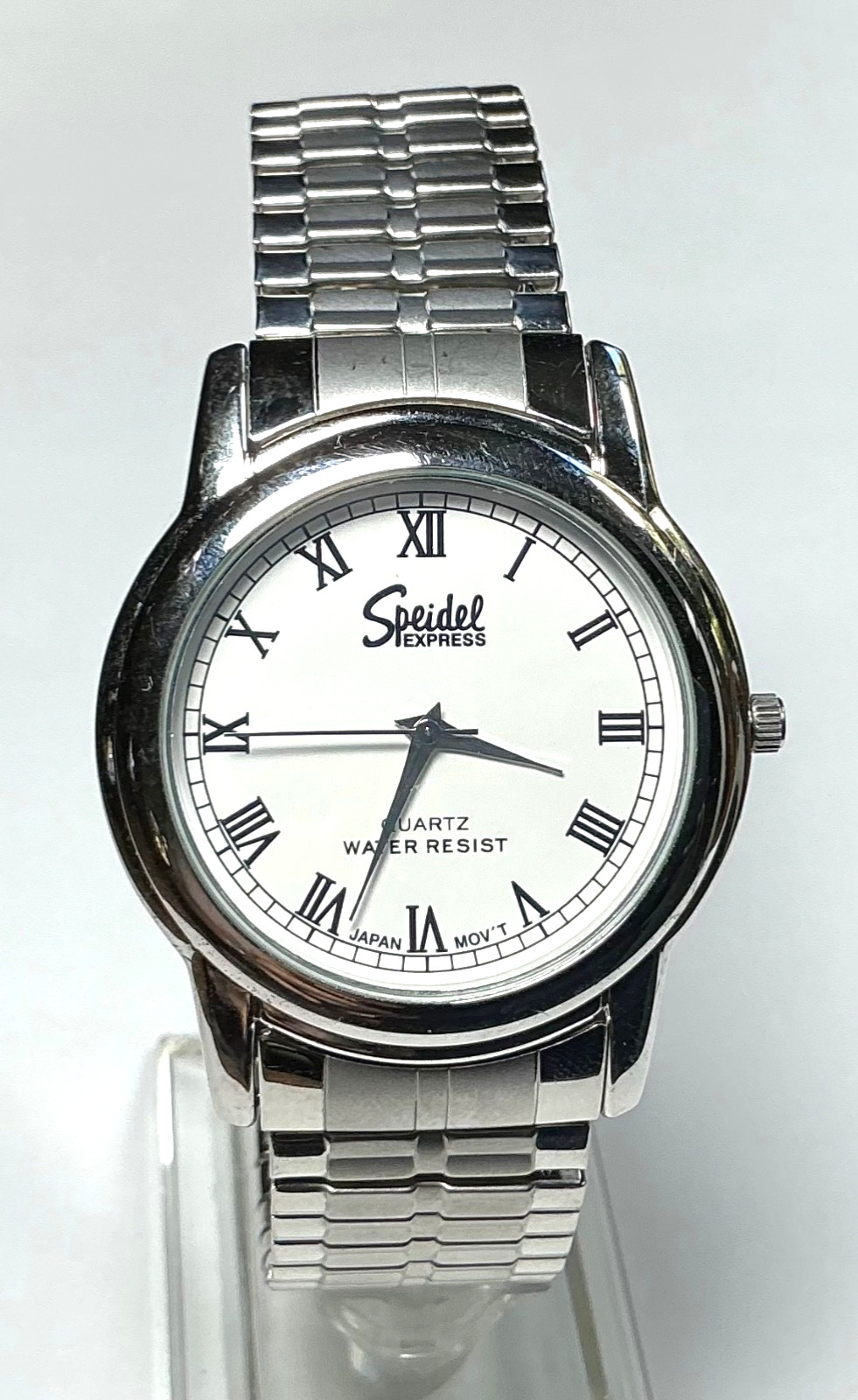 Speidel Express Mens Watch Silver White 38mm 7” WR Stretch Band New Battery Speidel Express Mens Watch Silver White 38mm 7” WR Stretch Band New Battery