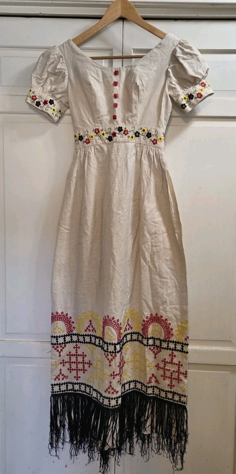 Vintage Handmade Ukrainian Folk Dress Hand Embroidered Linen Slavic Fringed S Vintage Handmade Ukrainian Folk Dress Hand Embroidered Linen Slavic Fringed S