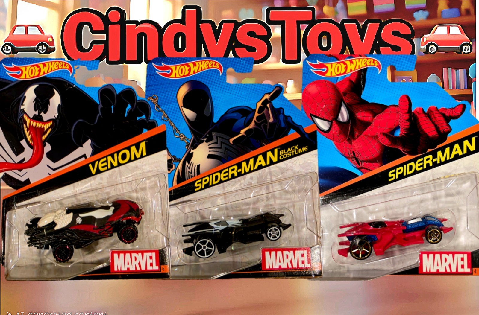 Hot Wheels 2014 Marvel Character Cars: Black Spider-Man, Venom, — DAMAGED CARDS