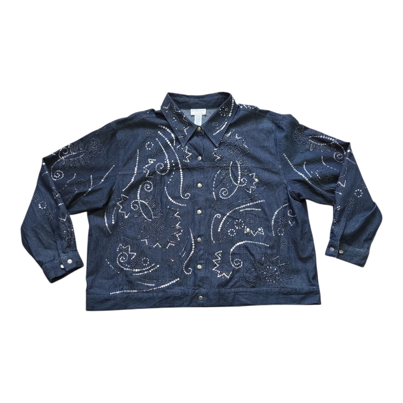 Vtg Victor Costa Dark Blue Denim Sequined Button Up Jacket Womens Size 3XL EUC Vtg Victor Costa Dark Blue Denim Sequined Button Up Jacket Womens Size 3XL EUC
