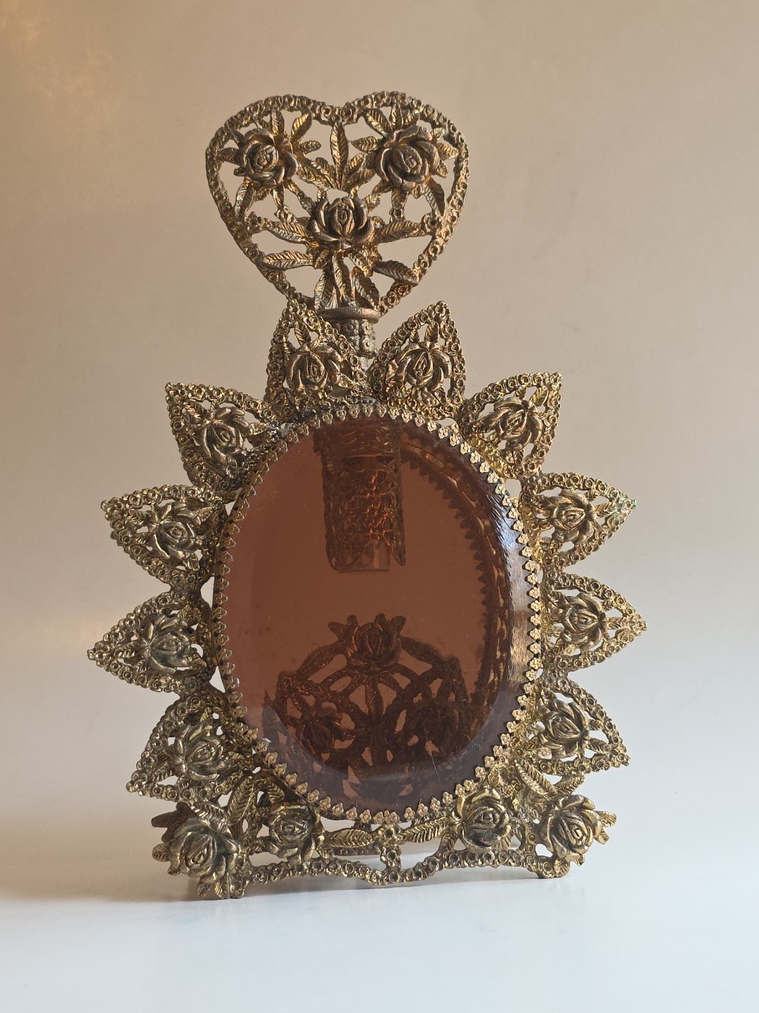 Antique Ormolu Perfume Bottle Beveled Amber Glass Filigree Scroll French Rococo