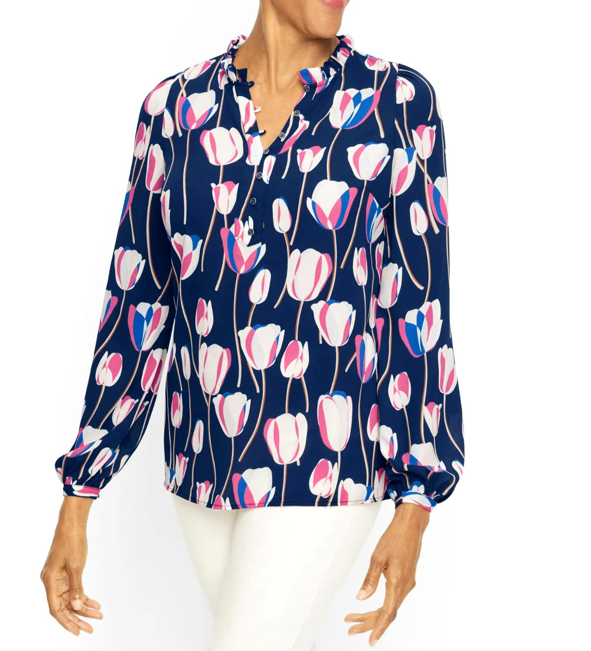 TALBOTS Navy TULIPS FLORAL PRINT 1/2 Buttons RUFFLE TRIM POPOVER BLOUSE/TOP Sz L
