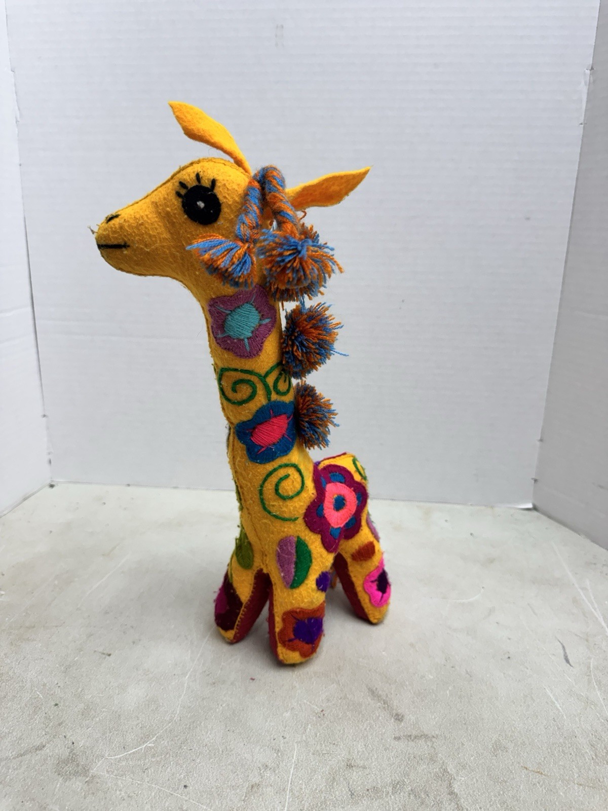 Vintage Mexican Folk Art Giraffe Plush Stuffed Animal Handmade Embroidered Boho