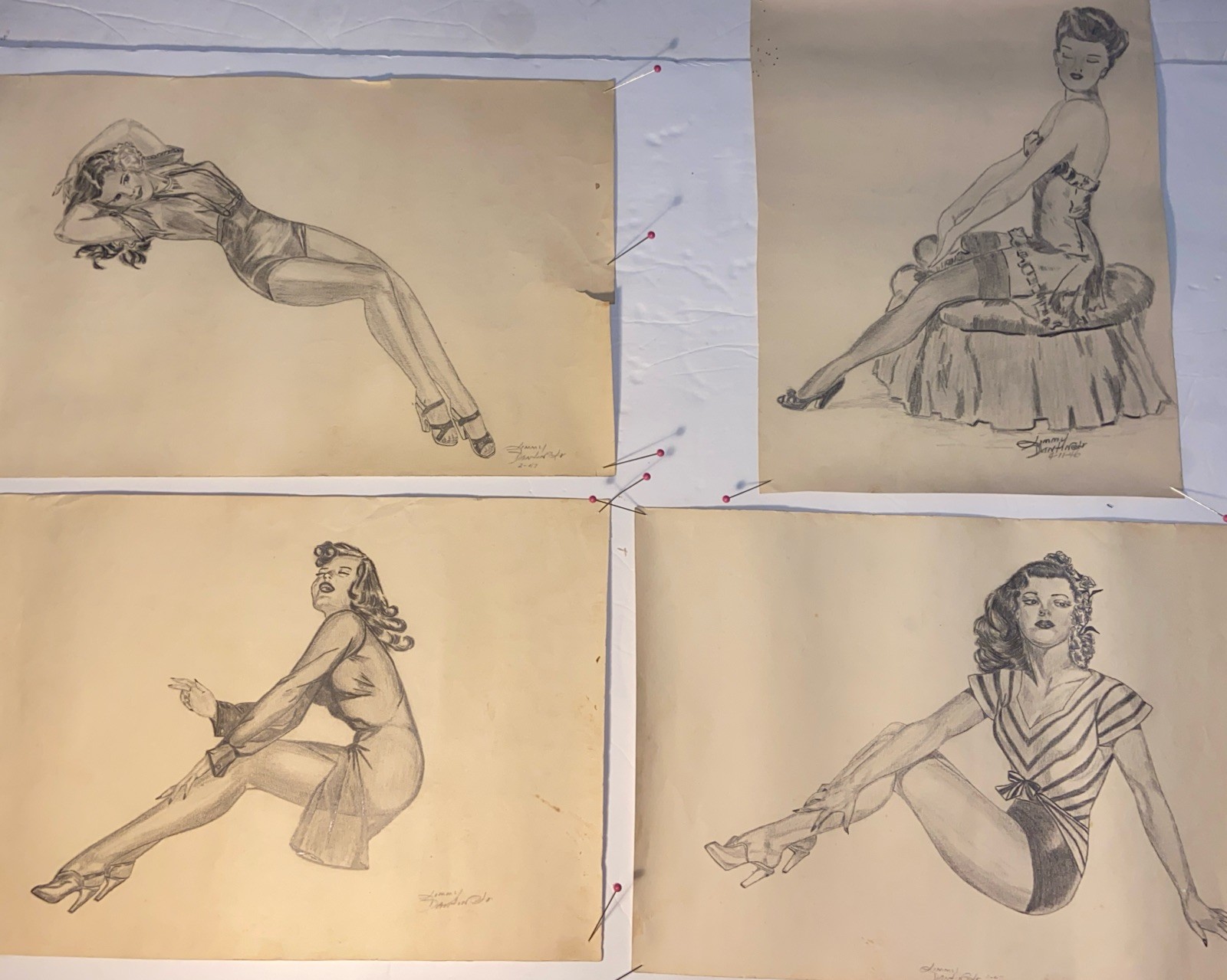 1940s Boudoir Glamour Girl Pencil Drawings Signed 4piece Series 1940s Boudoir Glamour Girl Pencil Drawings Signed 4piece Series