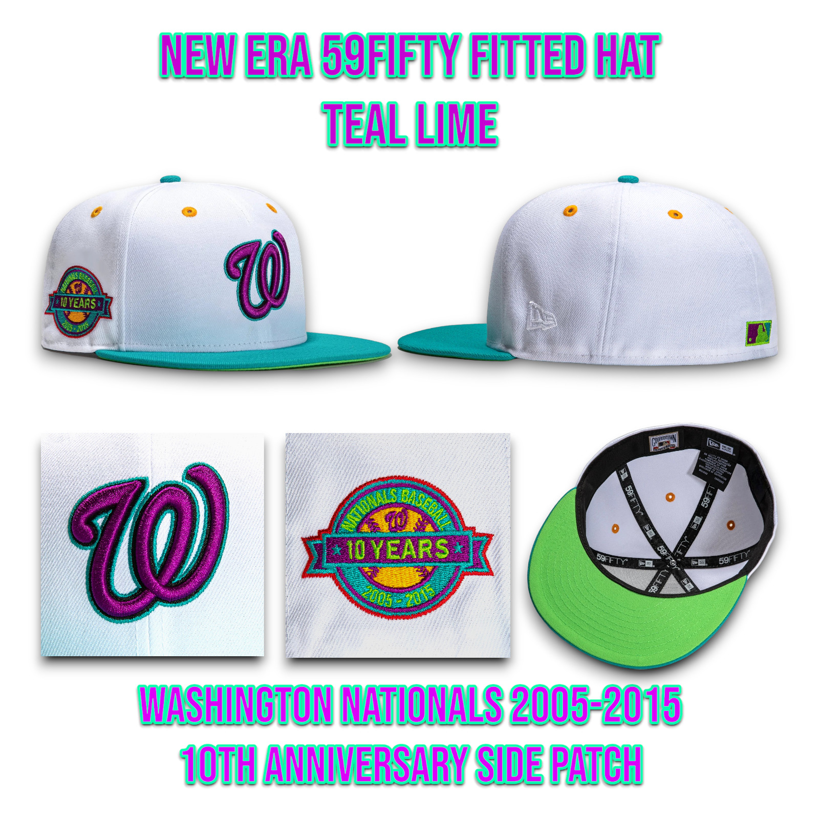 New Era Washington Nationals Teal Lime 59FIFTY Fitted Hat 20TH Anniv Patch 7 5/8 New Era Washington Nationals Teal Lime 59FIFTY Fitted Hat 20TH Anniv Patch 7 5/8